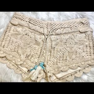 Surf gypsy beige cream color crochet swim cover up shorts with turquoise beads